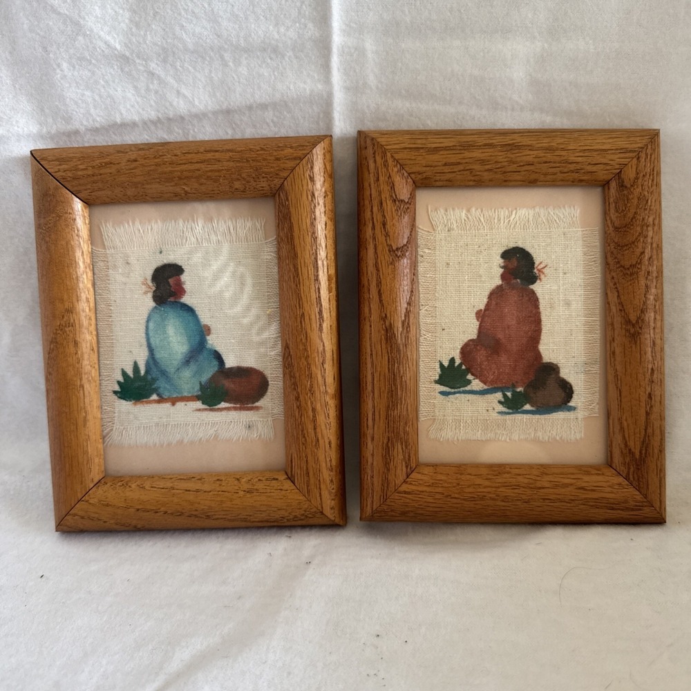 2 Vtg Paint On Fabric Wall Art Pictures Native American Indian Woman Mini Set